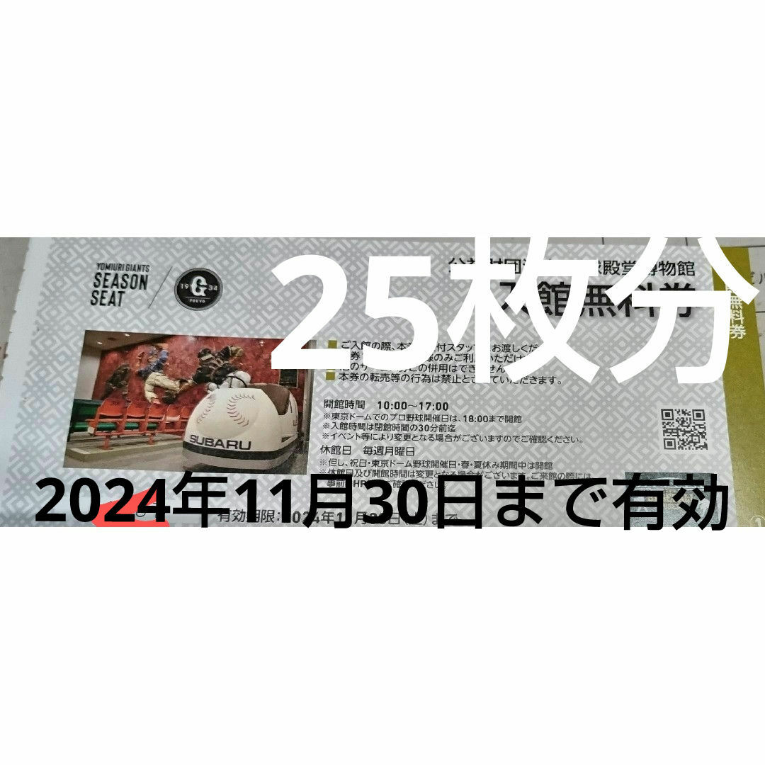 【25枚分】東京ドームシティ 野球殿堂博物館　無料入館券　2024年11月30日 チケットの施設利用券(美術館/博物館)の商品写真