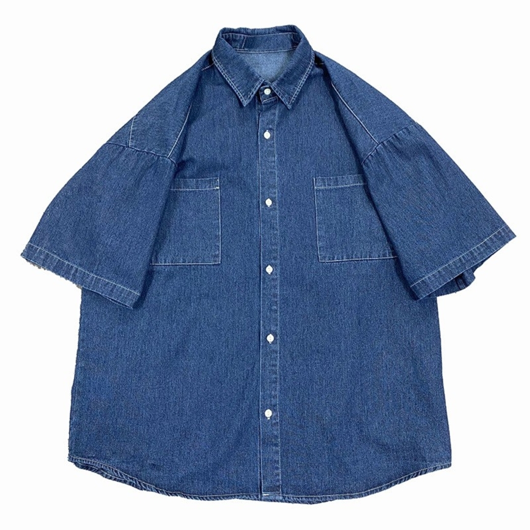 ビッグシルエット デニム 半袖 シャツ　ブルー メンズ レディース ユニセックス メンズのトップス(シャツ)の商品写真