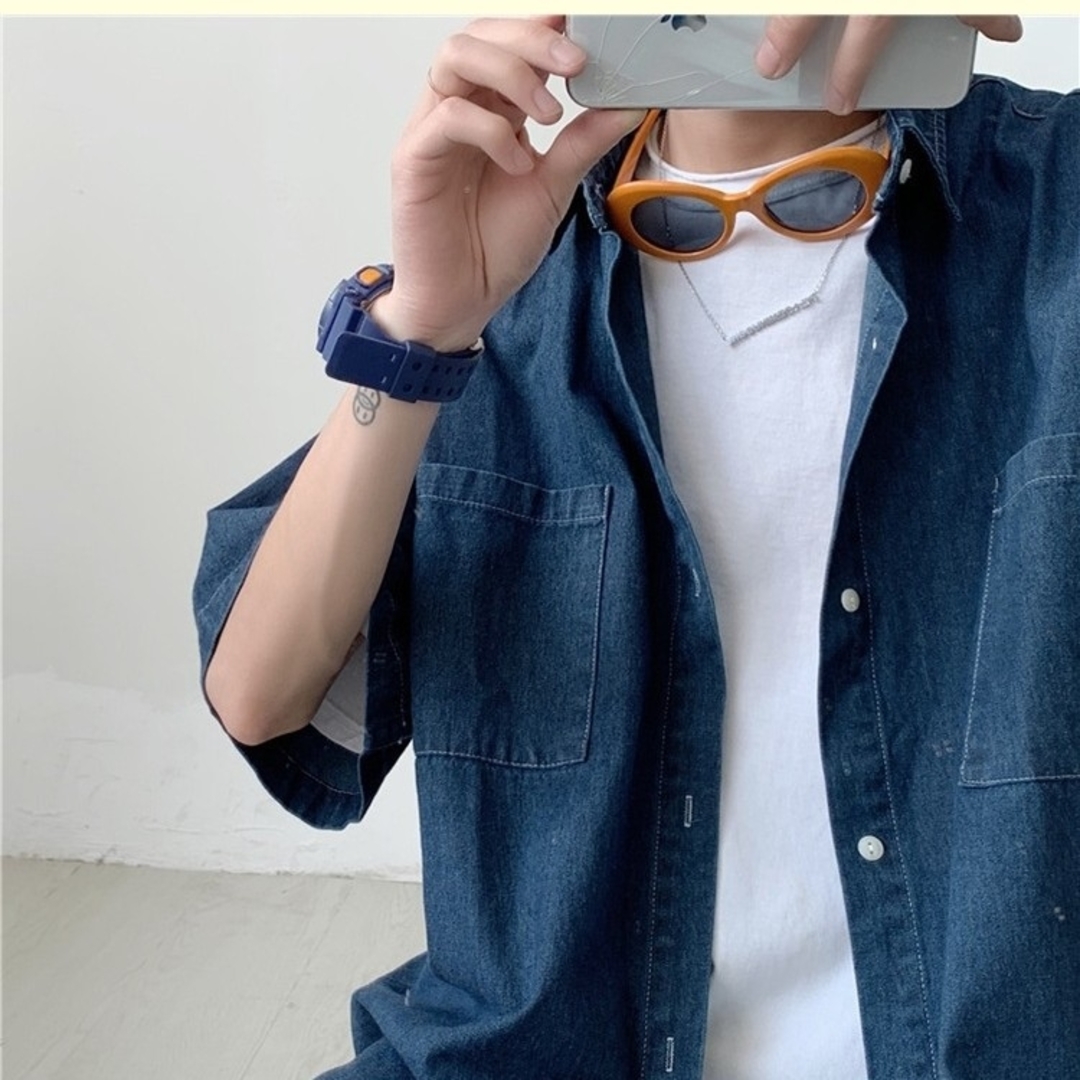 ビッグシルエット デニム 半袖 シャツ　ブルー メンズ レディース ユニセックス メンズのトップス(シャツ)の商品写真