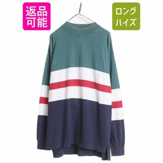 90s エディーバウアー モックネック ボーダー 長袖 Tシャツ メンズ XL 程 古着 90年代 オールド Eddie Bauer ラガーシャツ 素材 ロンT 厚手(Tシャツ/カットソー(七分/長袖))