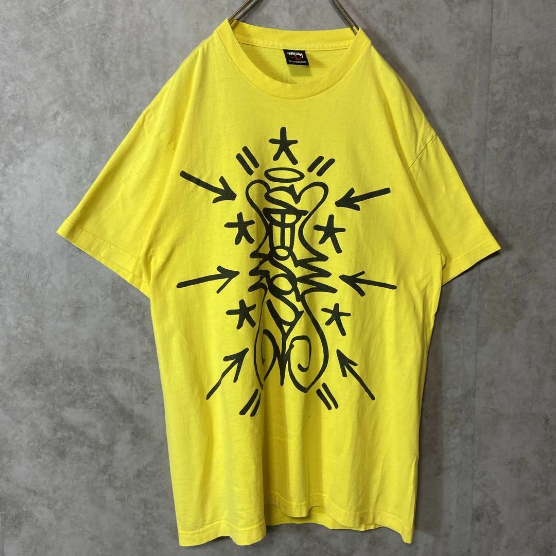 STUSSY(ステューシー)の【メキシコ製、光化学】stussy両面プリントロゴ古着ストリート黄　L 00s メンズのトップス(Tシャツ/カットソー(半袖/袖なし))の商品写真