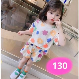 子供服 韓国子供服 上下セット ホワイト 花柄 セットアップ 女の子(Tシャツ/カットソー)