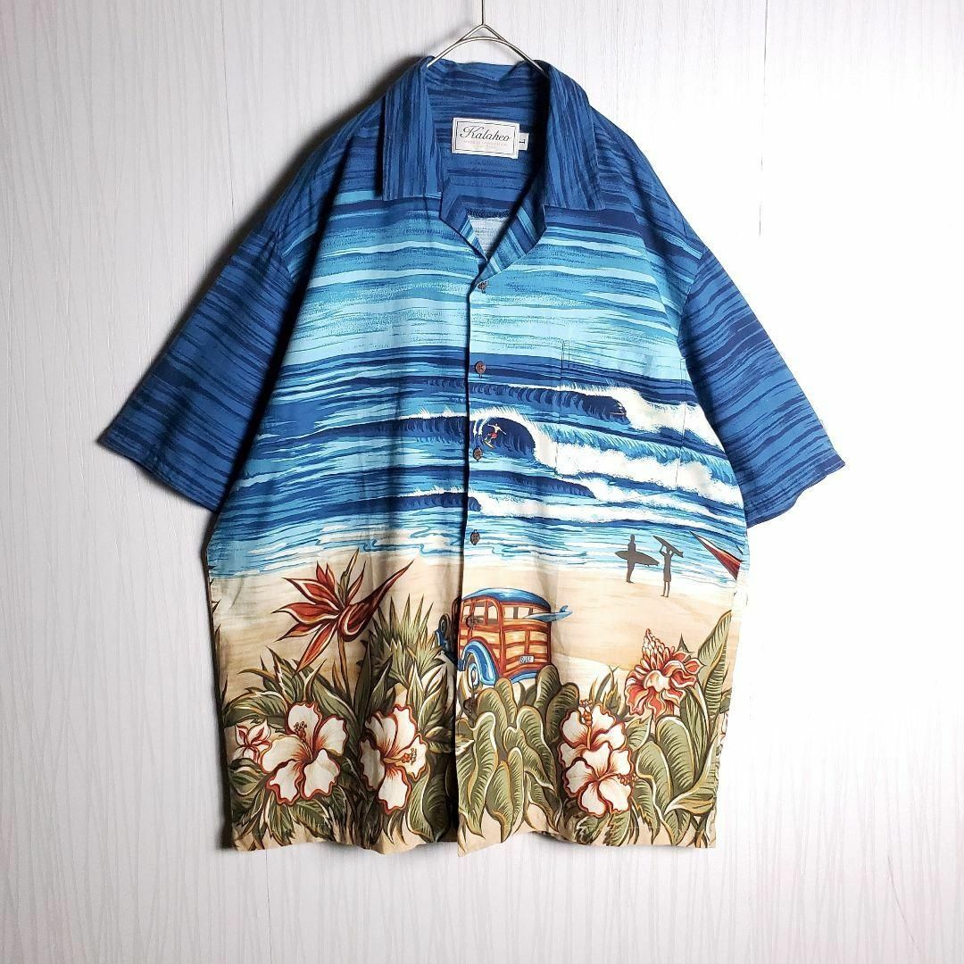 VINTAGE(ヴィンテージ)のアロハシャツ 総柄 オープンカラー ホリゾンタルパターン ハワイ製 L 古着 メンズのトップス(シャツ)の商品写真