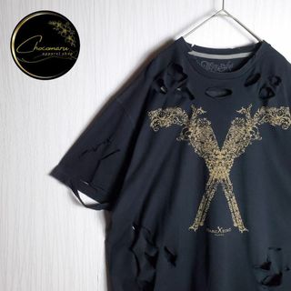 ヴィンテージ(VINTAGE)のボロTシャツ ビッグプリント 半袖 リメイク ダメージ加工 XL ブラック 古着(Tシャツ/カットソー(半袖/袖なし))