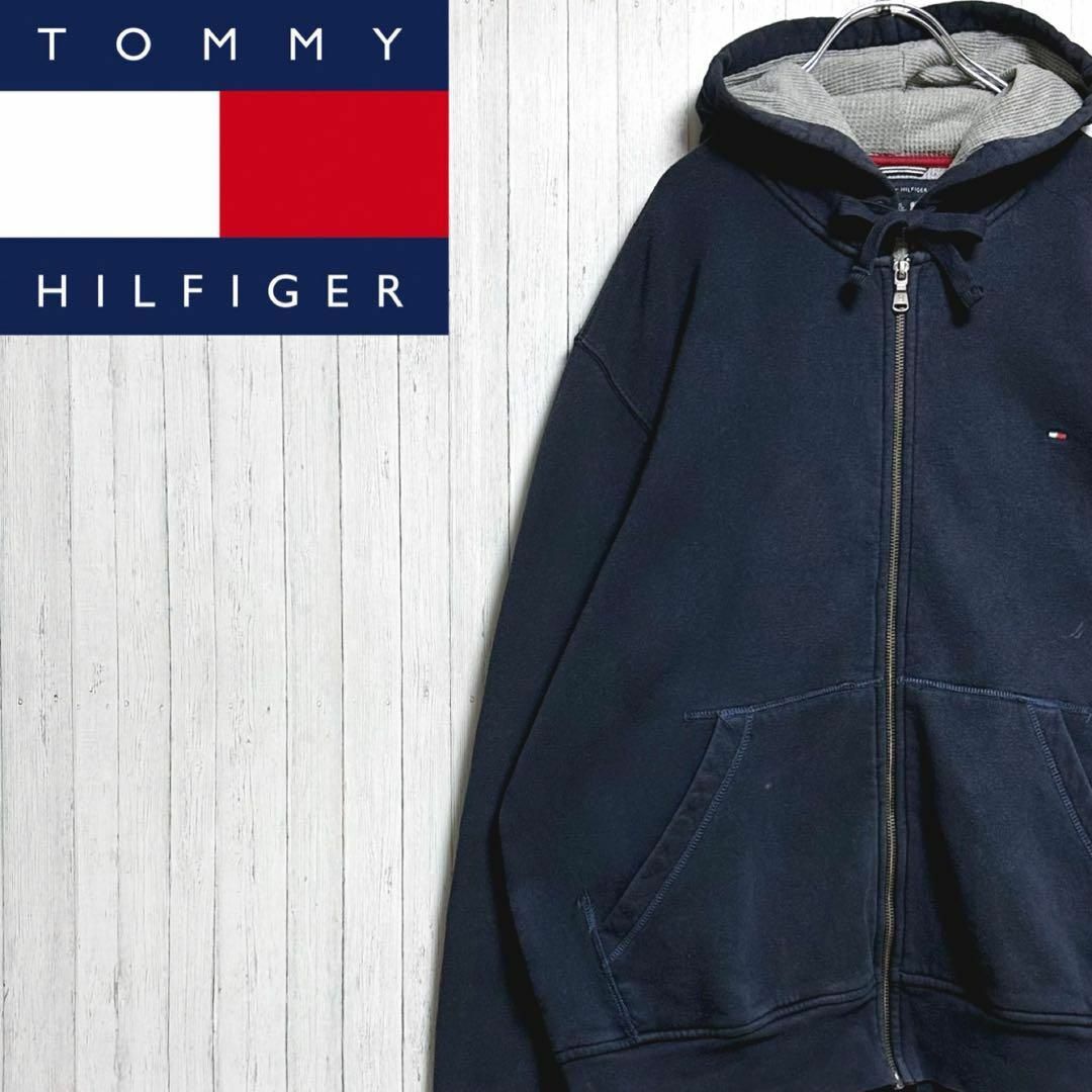 TOMMY HILFIGER(トミーヒルフィガー)のトミーヒルフィガー　パーカー　スウェット　刺繍ロゴ　ビッグシルエット　ネイビーL メンズのトップス(パーカー)の商品写真