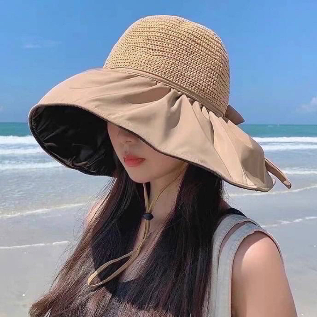 つば広　麦わら　帽子　UVカット　日焼け対策　折りたたみ　あご紐付き　海　旅行　 レディースの帽子(麦わら帽子/ストローハット)の商品写真