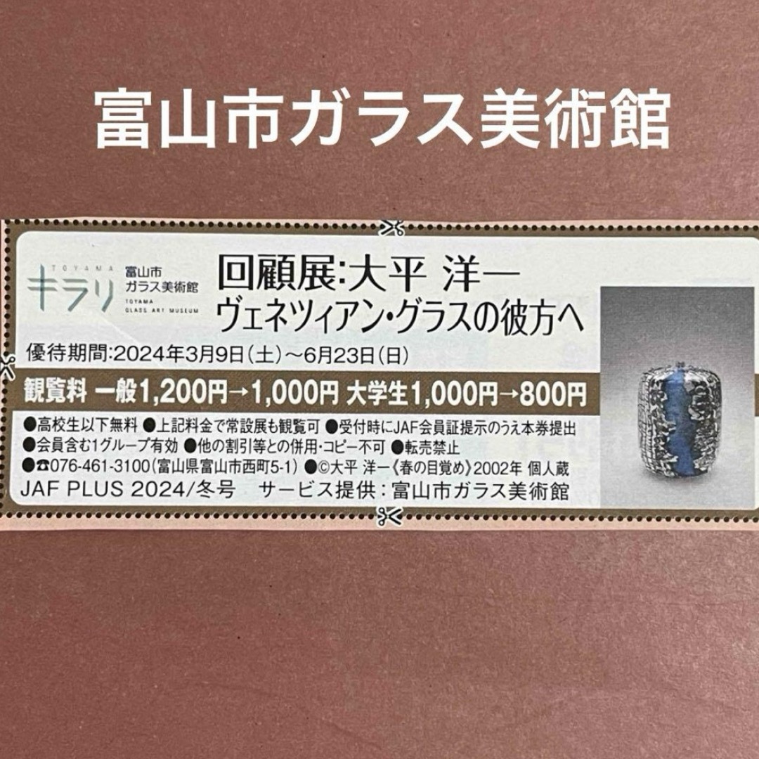 富山市ガラス美術館  回顧展 大平洋一 クーポン チケットの優待券/割引券(その他)の商品写真