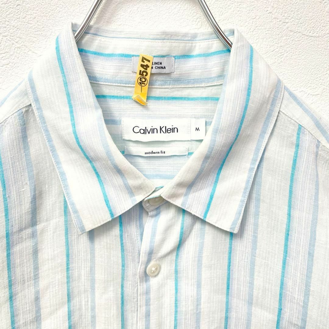 Calvin Klein(カルバンクライン)のカルバンクライン　リネン100%　ストライプ　半袖シャツ　ブルー系　Mサイズ メンズのトップス(シャツ)の商品写真