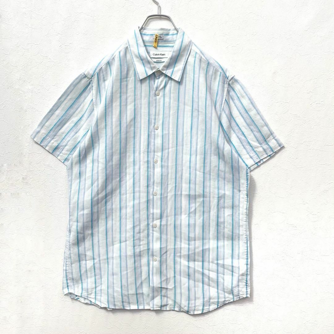 Calvin Klein(カルバンクライン)のカルバンクライン　リネン100%　ストライプ　半袖シャツ　ブルー系　Mサイズ メンズのトップス(シャツ)の商品写真