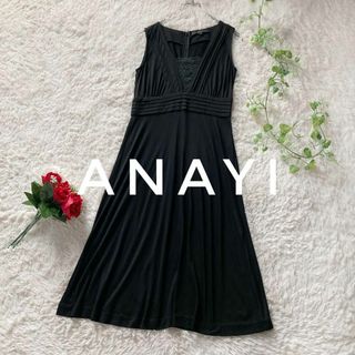 アナイ(ANAYI)のアナイ　ノースリーブワンピース　胸元レース　ジャージー素材　日本製　黒　36(ひざ丈ワンピース)