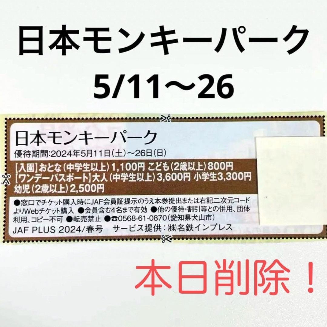 日本モンキーパーク クーポン チケットの優待券/割引券(その他)の商品写真