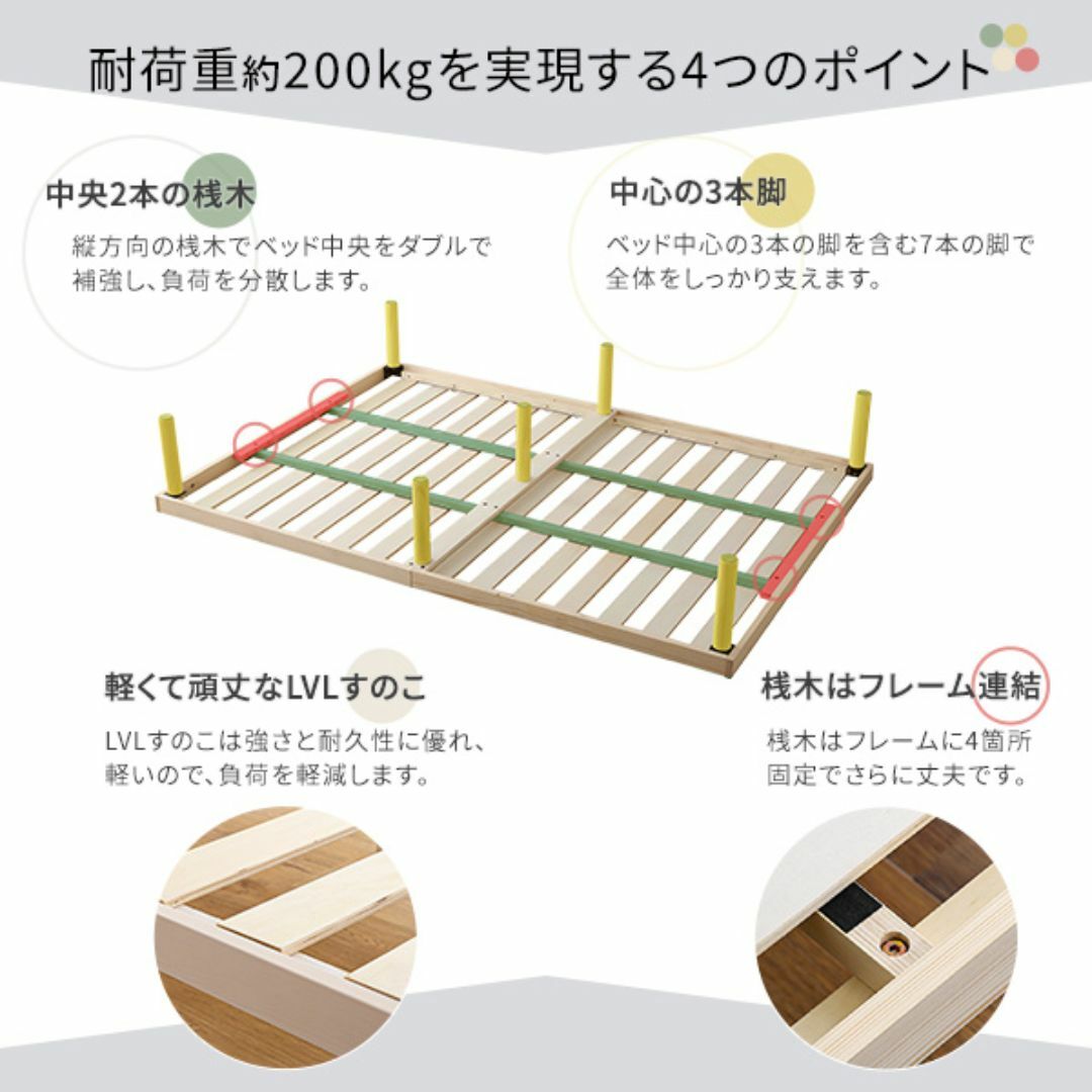 パイン材高さ2段階調整脚付きすのこベッド(ダブル) インテリア/住まい/日用品のベッド/マットレス(すのこベッド)の商品写真