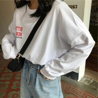 英字ロゴ 長袖 Tシャツ カットソー XXL オーバーサイズ ホワイト 韓国(Tシャツ(長袖/七分))