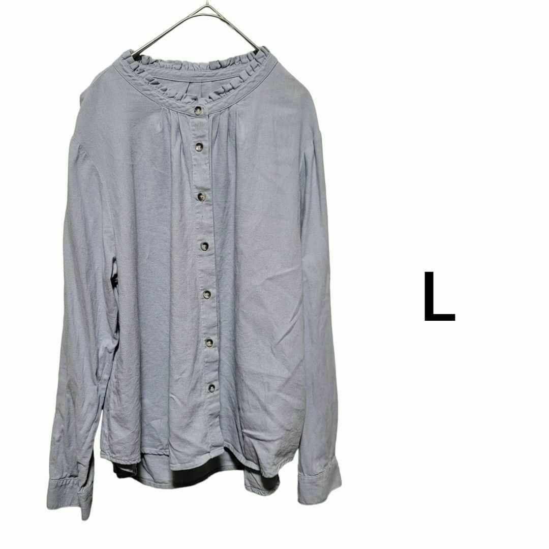 ブラウス　　麻55％　衿フリル　ライトブルー　Lサイズ レディースのトップス(シャツ/ブラウス(長袖/七分))の商品写真