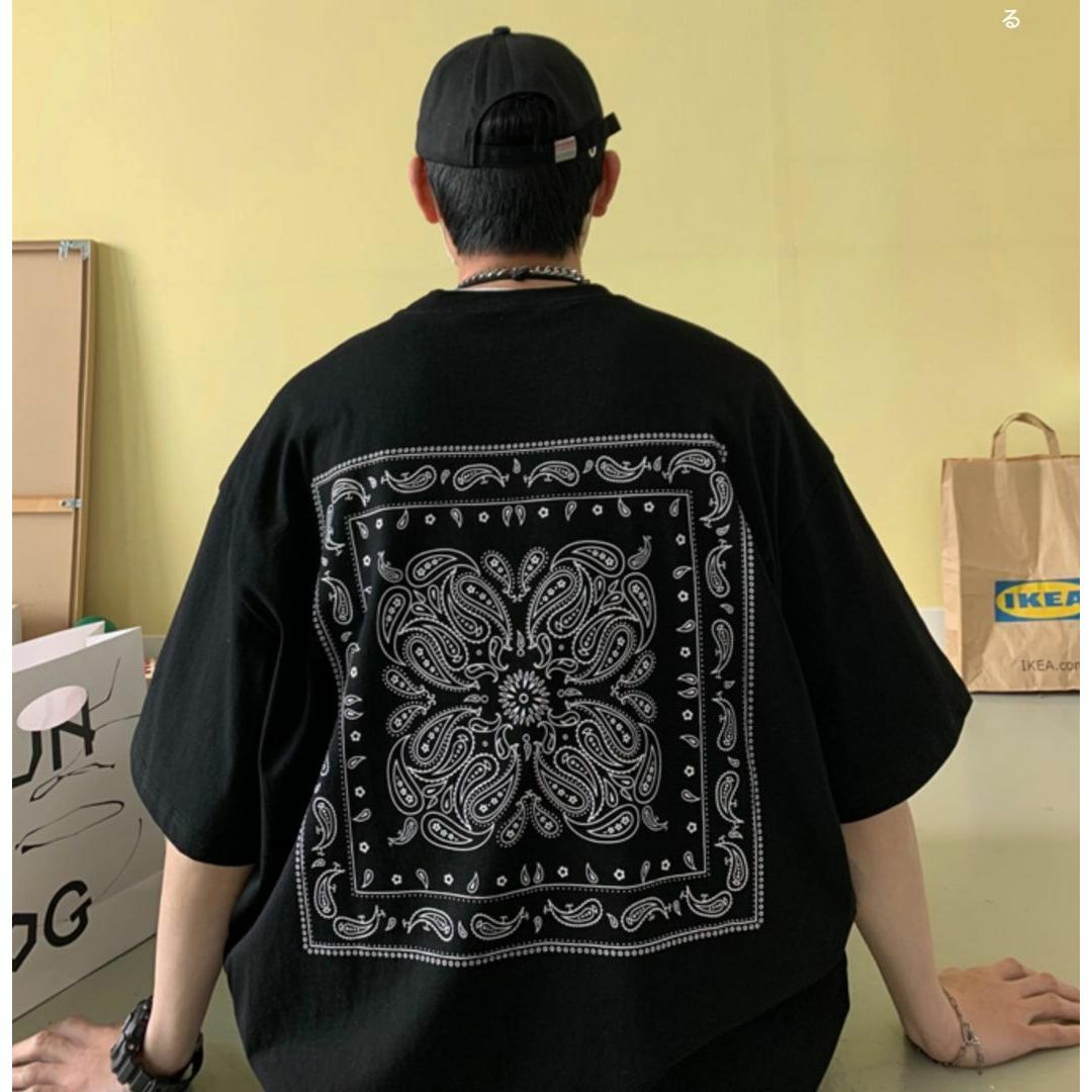 半袖 Tシャツ L ビッグシルエット ペイズリー柄 ストリート ブラック 韓国 メンズのトップス(Tシャツ/カットソー(半袖/袖なし))の商品写真
