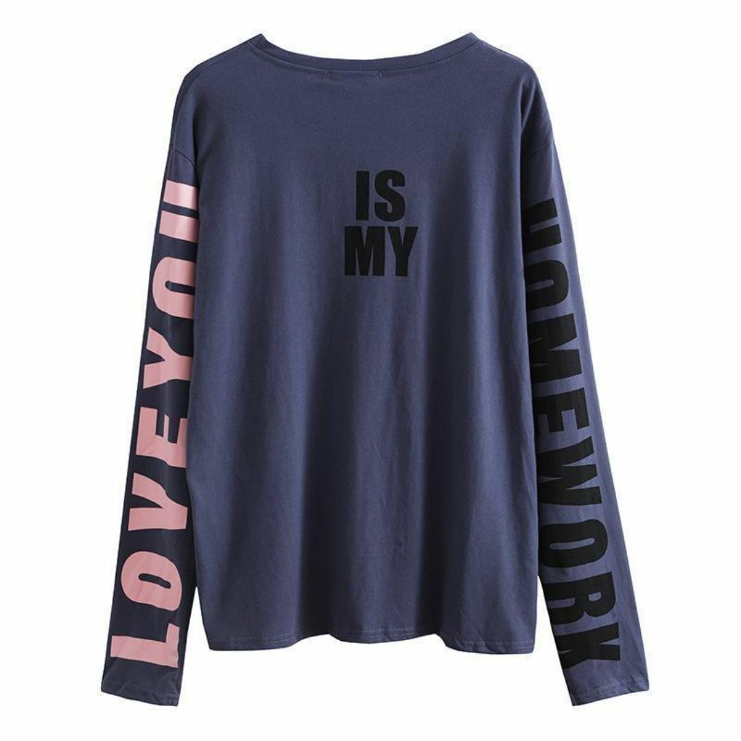 長袖 ロングTシャツ カットソー M ロゴ オーバーサイズ ネイビー 韓国 レディースのトップス(Tシャツ(長袖/七分))の商品写真