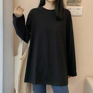 長袖 Tシャツ カットソー L 無地 シンプル オーバーサイズ ブラック 韓国(Tシャツ(長袖/七分))