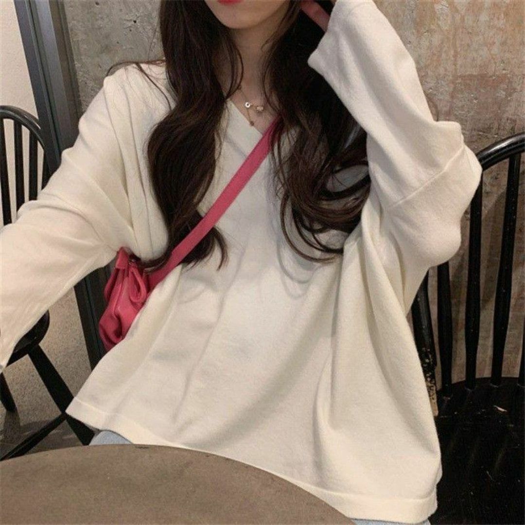 長袖 Tシャツ カットソー XL 無地 シンプル オーバーサイズ ホワイト 韓国 レディースのトップス(Tシャツ(長袖/七分))の商品写真