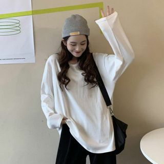 長袖 Tシャツ カットソー XL 無地 シンプル オーバーサイズ ホワイト 韓国(Tシャツ(長袖/七分))