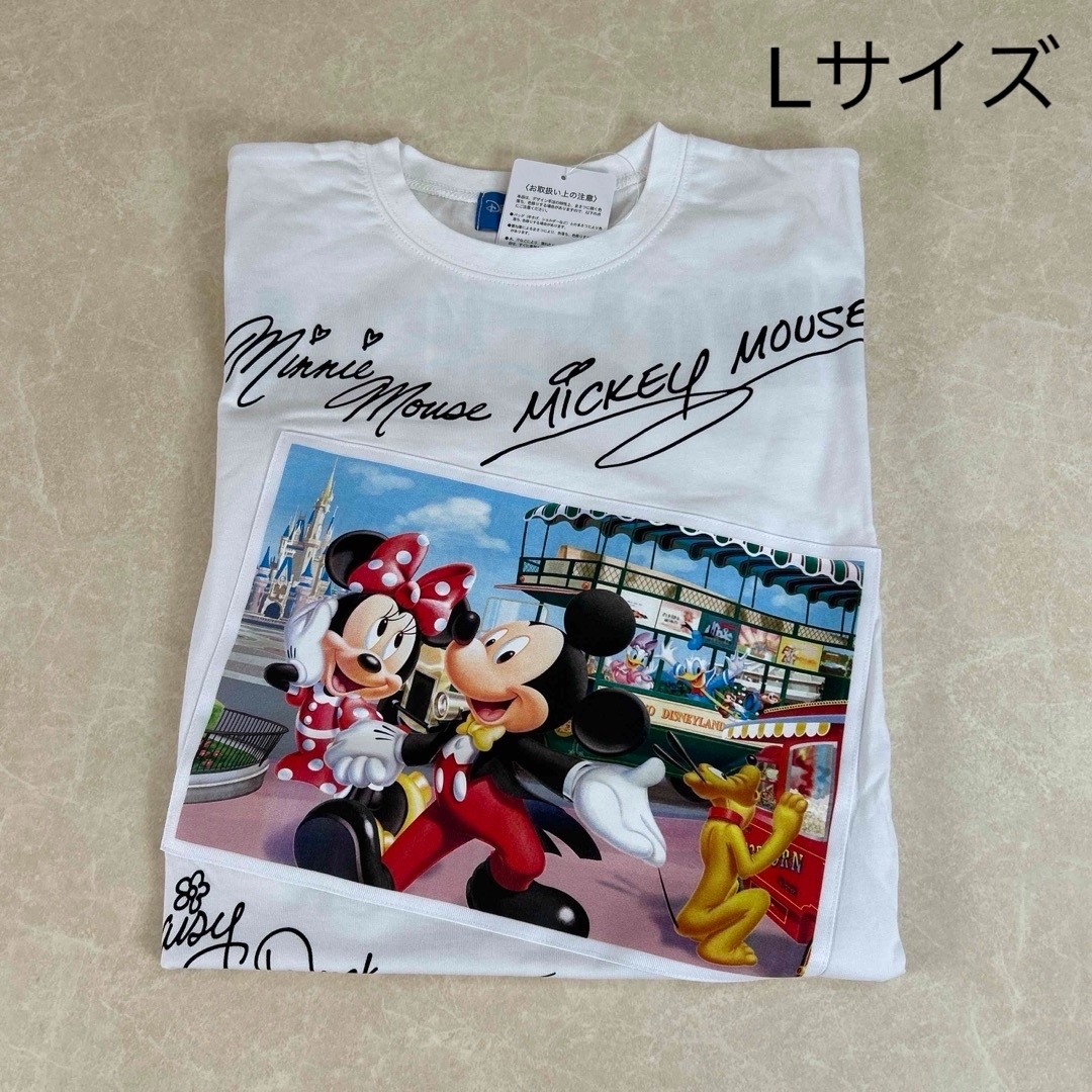 Disney(ディズニー)のディズニー　サイン　Tシャツ　ホワイト　Lサイズ　半袖　ミッキー エンタメ/ホビーのおもちゃ/ぬいぐるみ(キャラクターグッズ)の商品写真