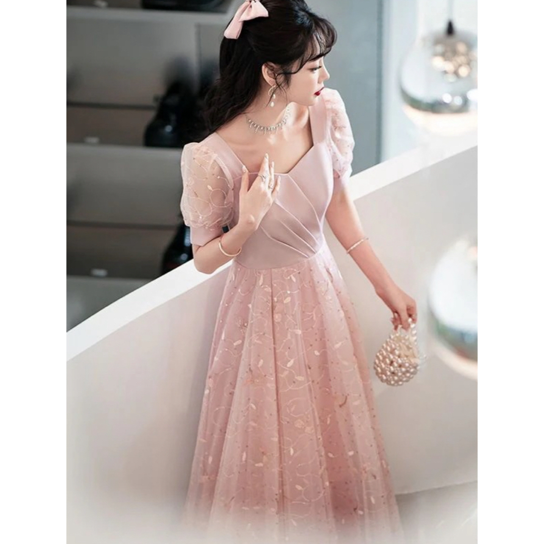 シースルー パフスリーブ イブニングドレス ピンク レディースのフォーマル/ドレス(ロングドレス)の商品写真
