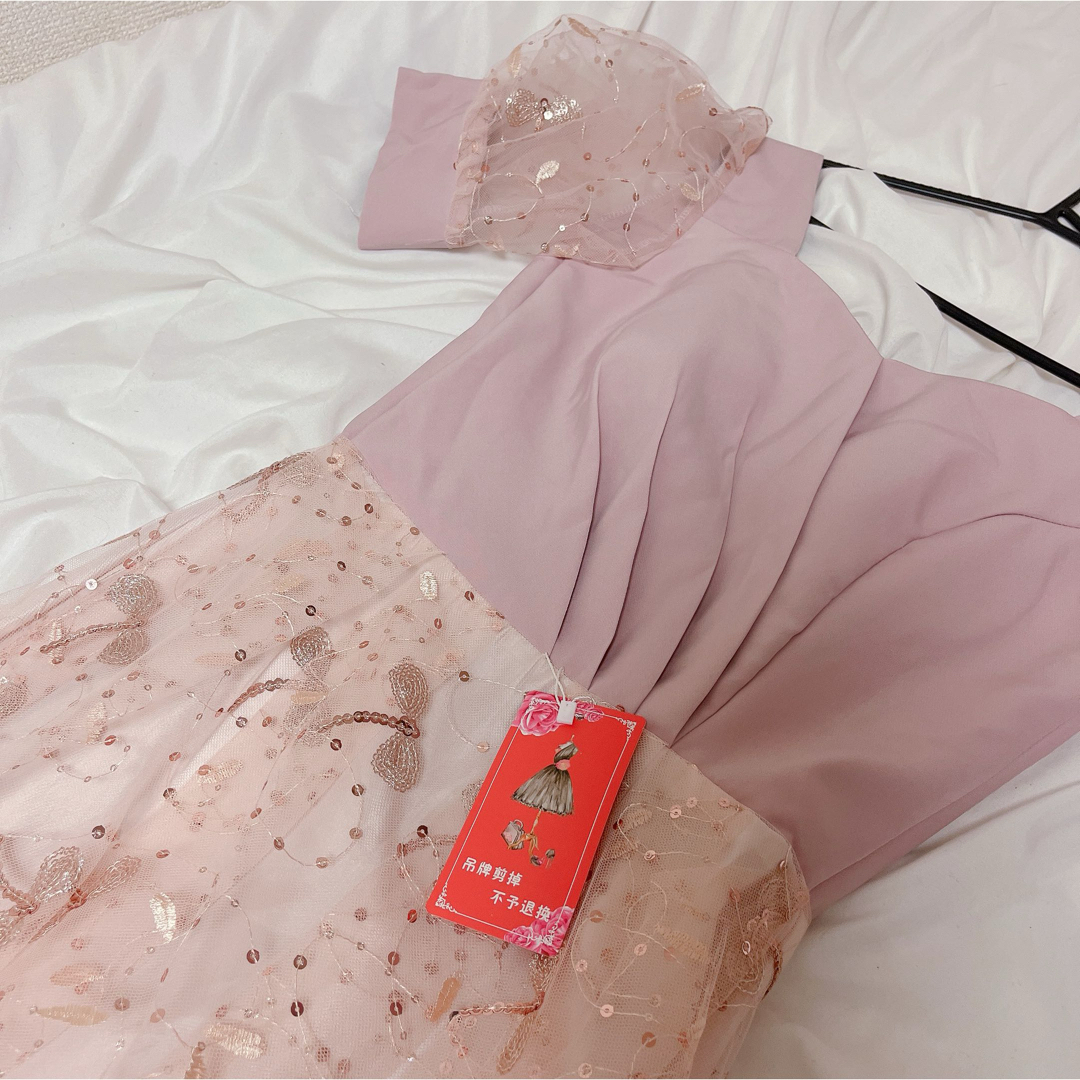 シースルー パフスリーブ イブニングドレス ピンク レディースのフォーマル/ドレス(ロングドレス)の商品写真