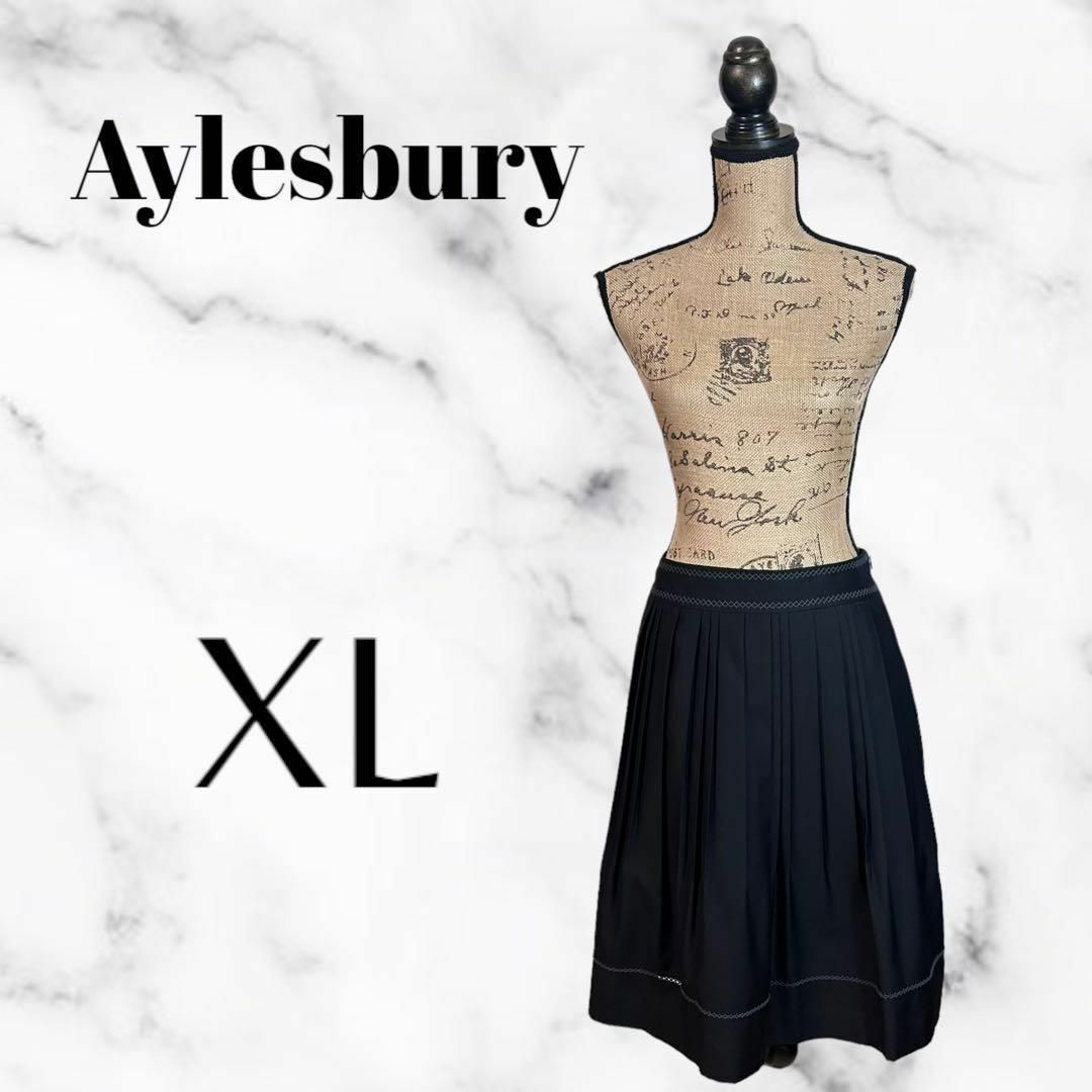 Aylesbury(アリスバーリー)の美品✨【Aylesbury】ギャザーフレアスカート　刺繍　さらさら　黒　XL レディースのスカート(ひざ丈スカート)の商品写真