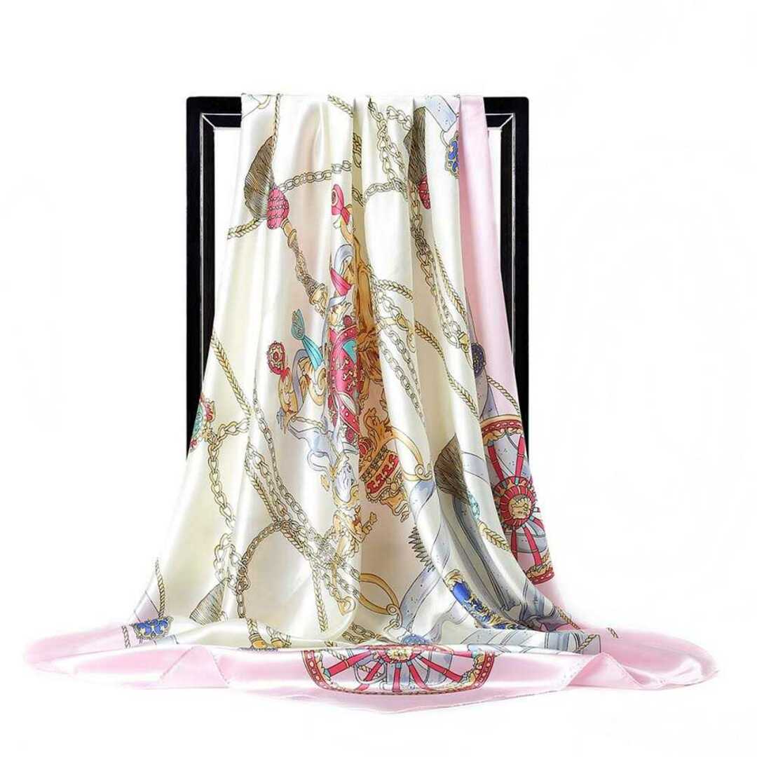 大判90cm×90cm シルク スカーフ ピンクホワイト系25 レディースのファッション小物(バンダナ/スカーフ)の商品写真