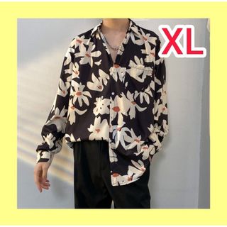 メンズ シャツ XL 黒 長袖 花柄 レトロ フラワー 香港風(シャツ)