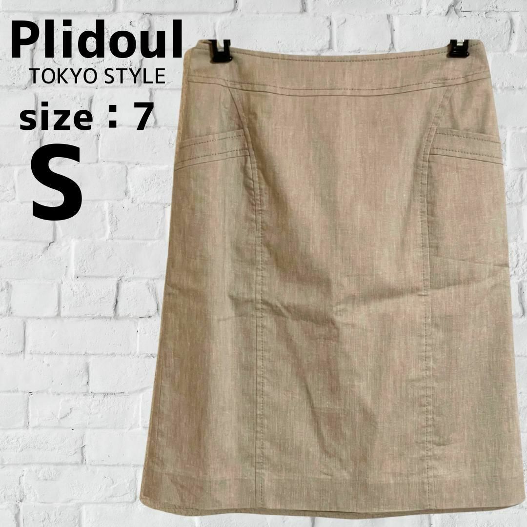 Plidoul 膝丈スカート タイト ポケット シンプル ベージュ系 7  麻混 レディースのスカート(ひざ丈スカート)の商品写真