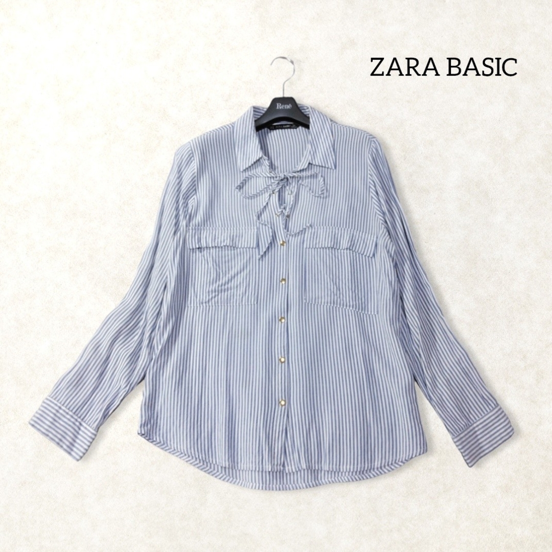 ZARA(ザラ)のザラ ✿ レースアップ 長袖 ブラウス シャツ М ネイビー ストライプ 春夏 レディースのトップス(シャツ/ブラウス(長袖/七分))の商品写真