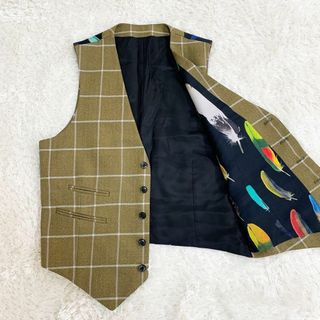 ポールスミス(Paul Smith)の美品　ポールスミス　ジレ　チェック　ブラウン　裏地フェザー柄　総柄　メンズ　M(スーツベスト)