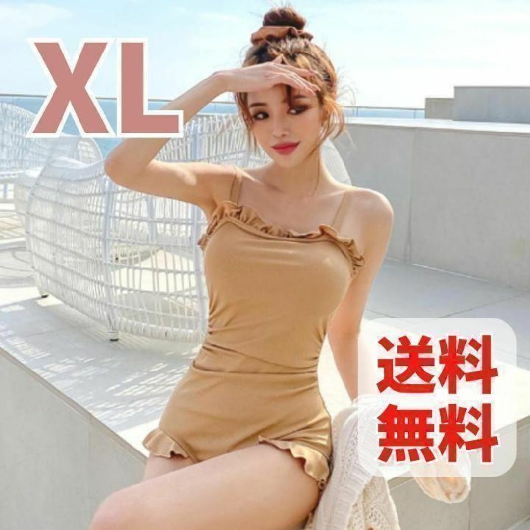 水着  ワンピース レディース 韓国 体型カバー モノキニ くすみピンク XL レディースの水着/浴衣(水着)の商品写真