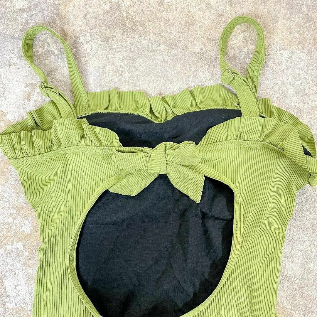 レディース 水着 韓国 オールインワン 体型カバーワンピース フリル 黄緑 XL レディースの水着/浴衣(水着)の商品写真