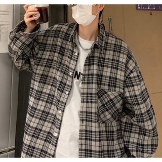 3999円○L チェック ロングスリーブ カジュアル シャツ ライトグレー(Tシャツ/カットソー(七分/長袖))