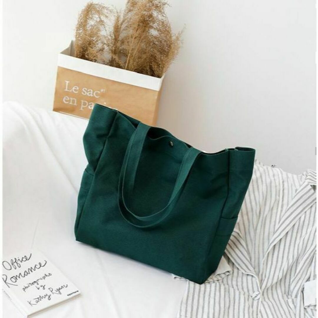 キャンバス　トートバッグ　トート　帆布生地　グリーン　緑　肩掛けかばん　シンプル レディースのバッグ(トートバッグ)の商品写真