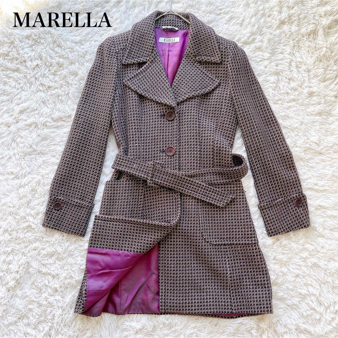 MARELLA マレーラ ツイード ロングコート イタリア ベルト付 裏地 派手 レディースのジャケット/アウター(ロングコート)の商品写真