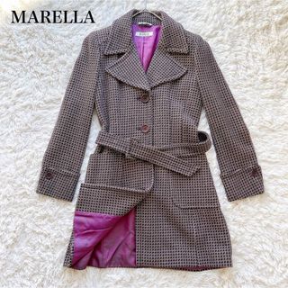 MARELLA マレーラ ツイード ロングコート イタリア ベルト付 裏地 派手(ロングコート)