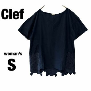 【Clef】クレ スモックブラウス 刺繍 花柄 ネイビー トップス 半袖【S】(Tシャツ(半袖/袖なし))