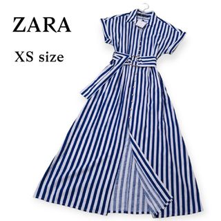 ザラ(ZARA)の新品 タグ付き ZARA ザラ　ストライプ ロングワンピース 金ボタン　リネン混(ロングワンピース/マキシワンピース)