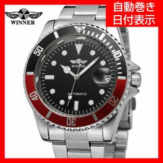 Winner社メンズ自動巻き腕時計ブラック×レッド ステンレス 日付カレンダー(腕時計(アナログ))
