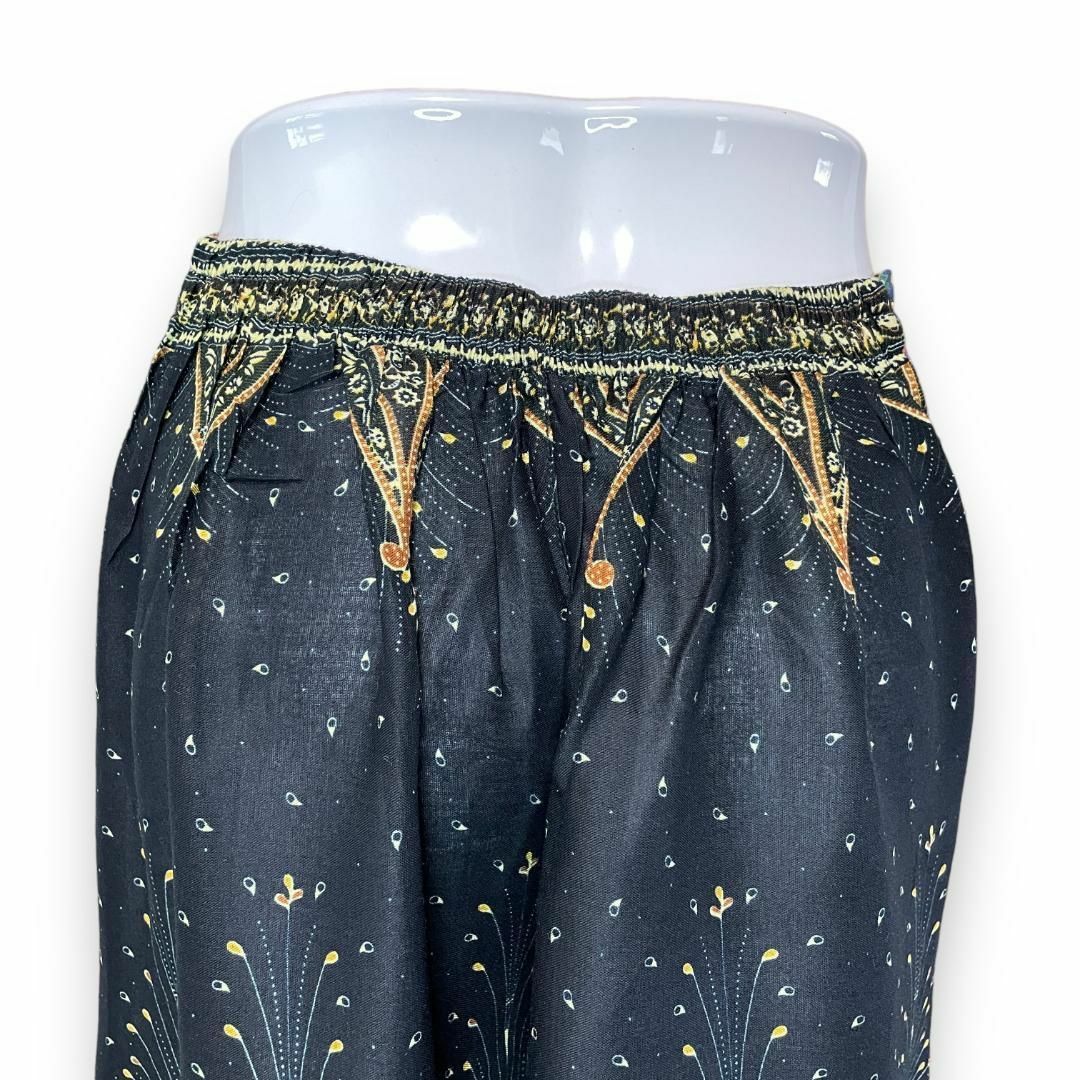 エスニックワイドパンツ タイパンツ サルエル 孔雀 紺 黒 織物 レディースのパンツ(サルエルパンツ)の商品写真