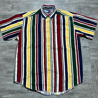 トミーヒルフィガー(TOMMY HILFIGER)の90s トミーヒルフィガー ストライプ BDシャツ 半袖 マルチカラー M 古着(Tシャツ/カットソー(半袖/袖なし))