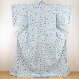 小紋 花格子柄 洗える着物 ポリエステル 水色 袷 広衿 仕立て上がり カジュアル 身丈166cm(着物)