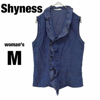Shyness　ノースリーブブラウス フリル ブルー 日本製 綿100【M】美品(シャツ/ブラウス(半袖/袖なし))