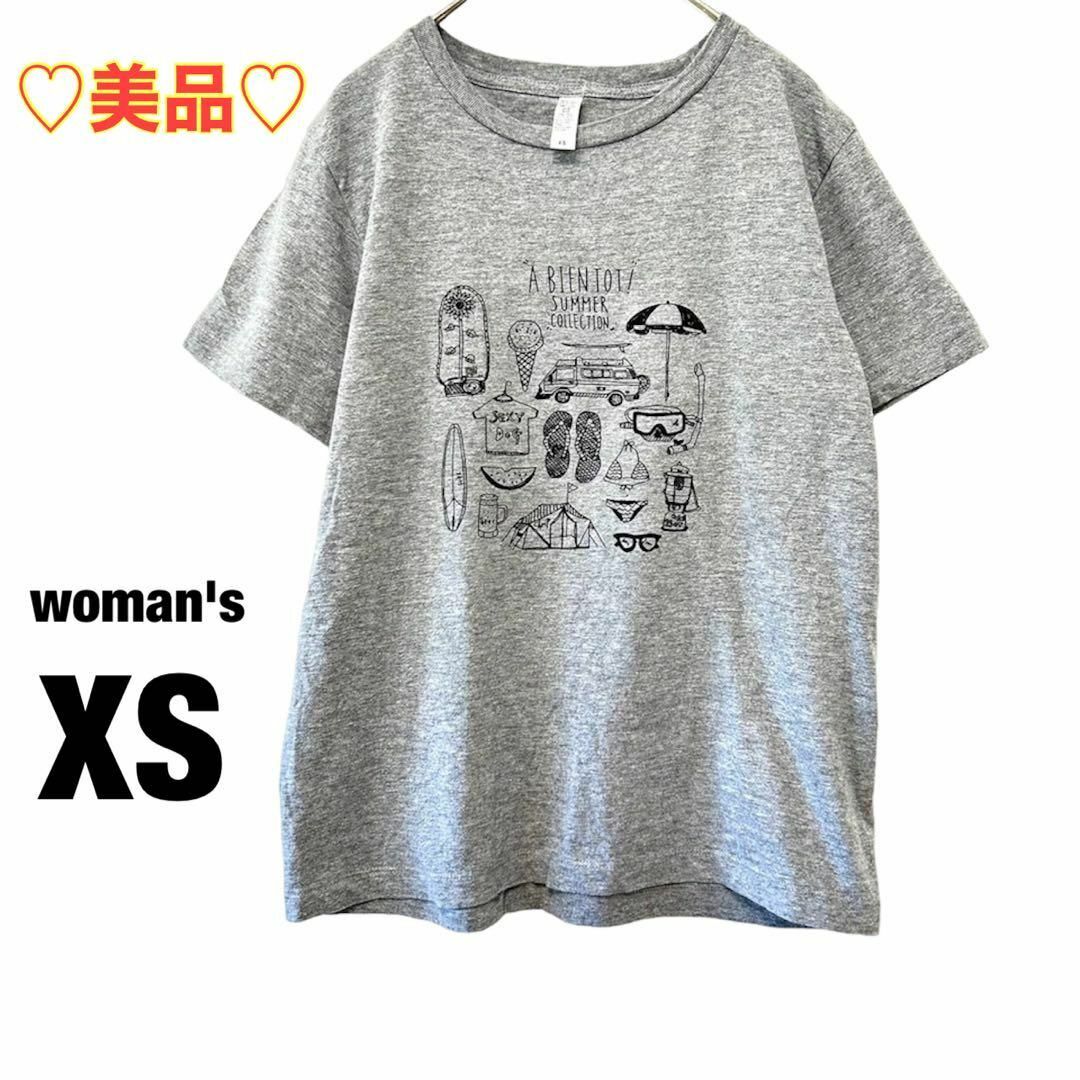 【美品】Tシャツ グレー プリント レディース レーヨン混 柔らかい【XS】 レディースのトップス(Tシャツ(半袖/袖なし))の商品写真