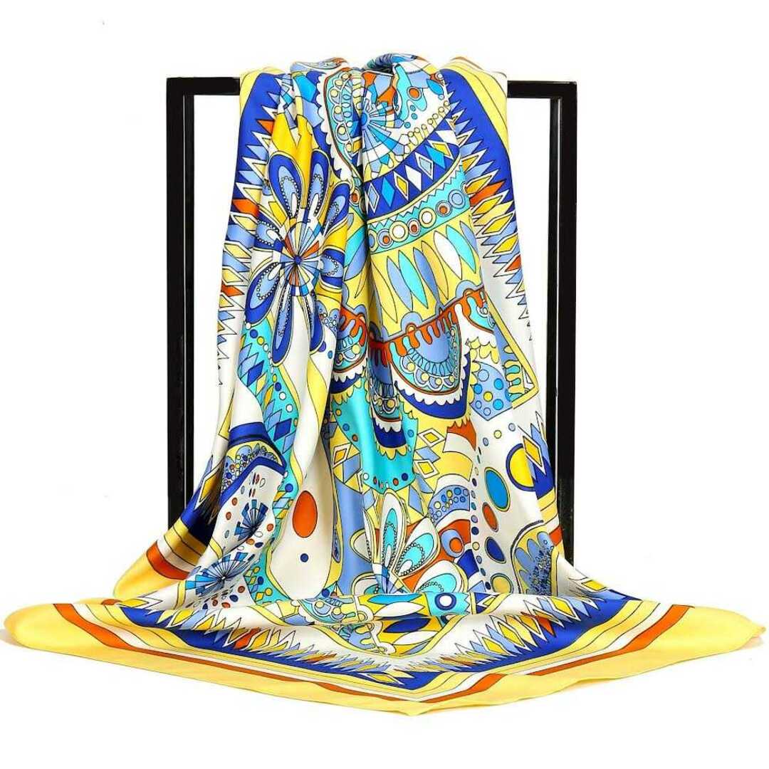 大判90cm×90cm シルク カラフルスカーフ イエロー系33 レディースのファッション小物(バンダナ/スカーフ)の商品写真