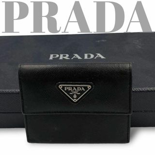 プラダ(PRADA)の【良品】プラダ コインケース サフィアーノレザー 黒 三角プレート(コインケース/小銭入れ)