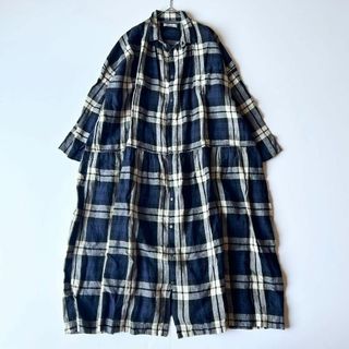 イチ(ichi)のICHI Antiquites  ロングシャツワンピース　麻100%  ネイビー(ロングワンピース/マキシワンピース)