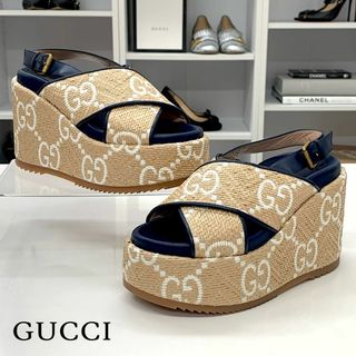 Gucci - 7948 グッチ レザー ストロー GG ウェッジソール 厚底 サンダル